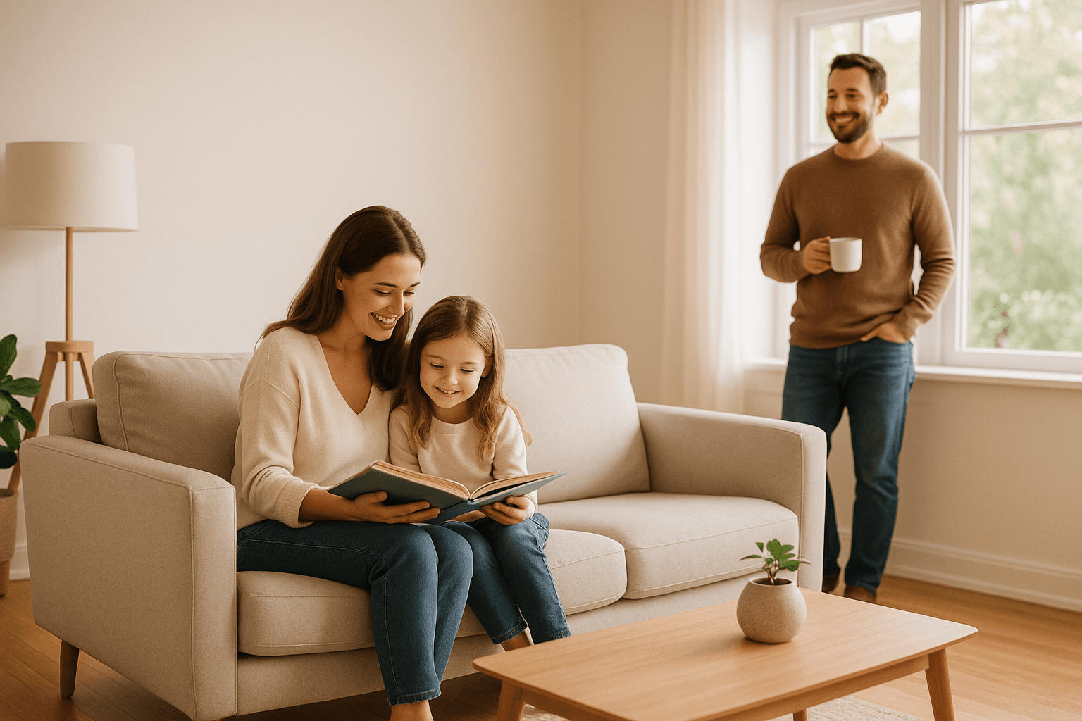 Familie in frisch saniertem Wohnzimmer — glücklich und entspannt